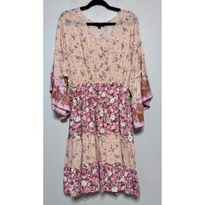 Floral Boho Midi Dress Size Large Maximalist Cottagecore Prairie Bell‎ Sleeves